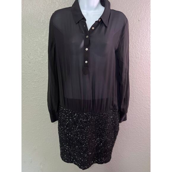 Haute Hippie Shirt Mini Dress M Black Silk Blend Sequin Beads Evening Party NWOT - Picture 2 of 11